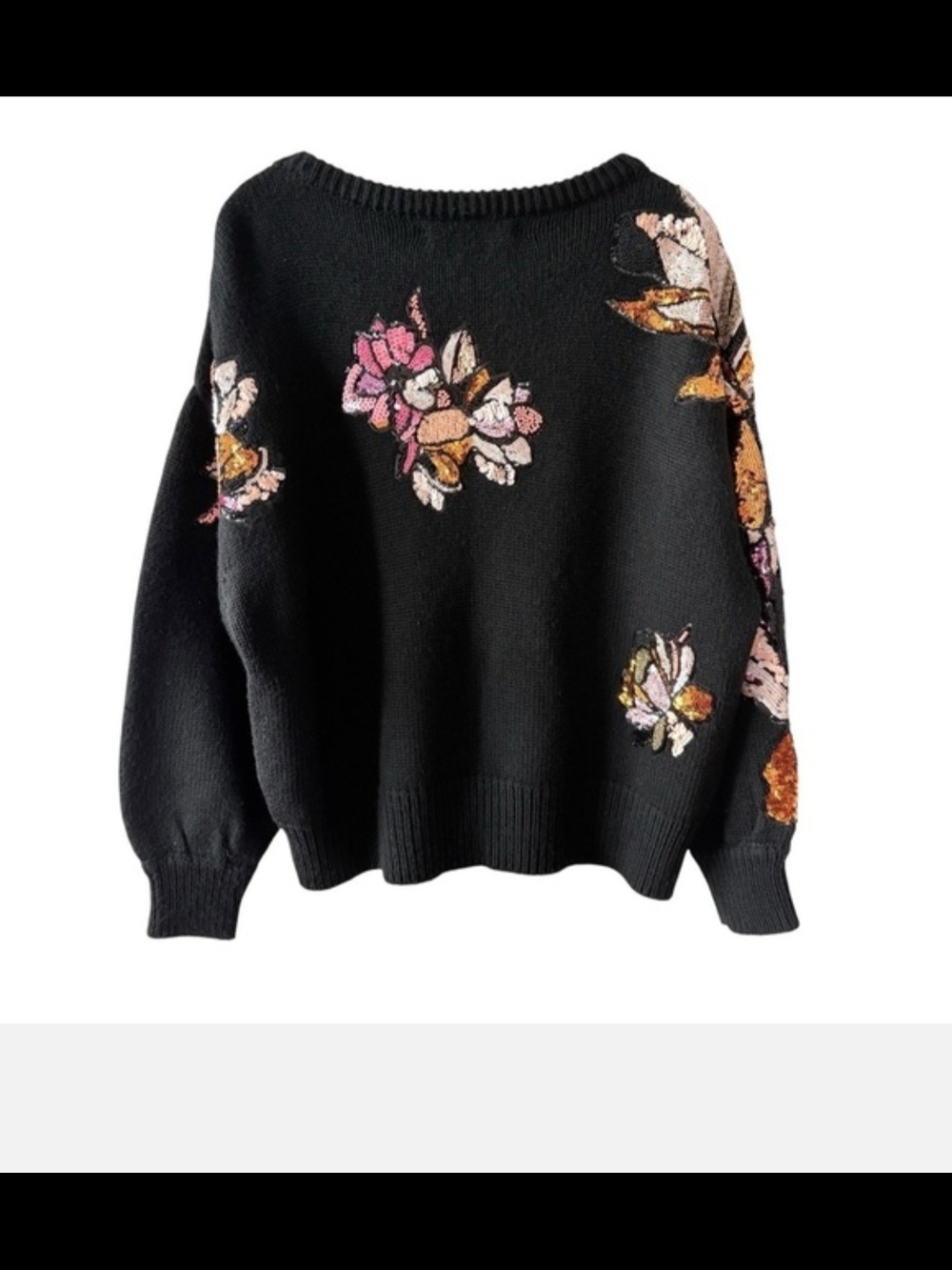 Zara Black Crewneck Sweater with Pink Sequin Floral Detail